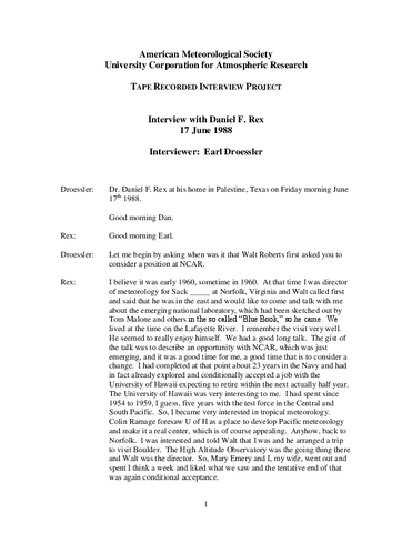Transcript, Oral History Interview with Daniel Rex
