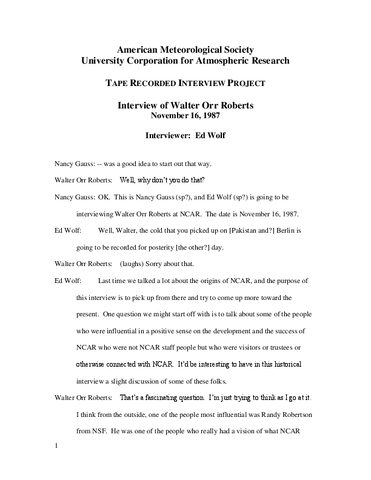 Transcript, Oral History Interview with Walter Orr Roberts