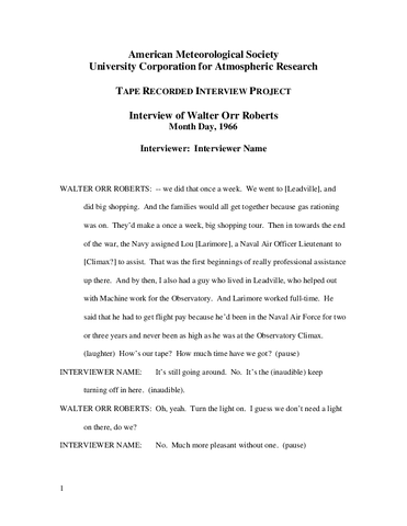 Transcript, Oral History Interview with Walter Orr Roberts