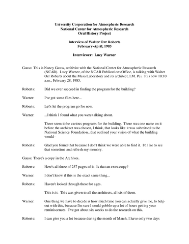Transcript, Oral History Interview with Walter Orr Roberts