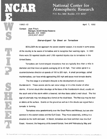 Dial-an-expert tip sheet on tornados