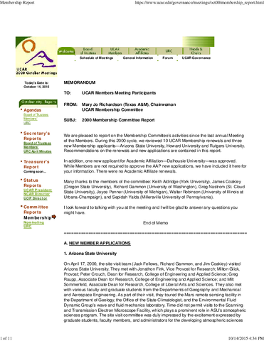 Membership Committee Report, October 2000
