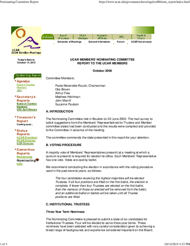 Nominating Committee Report, October 2000