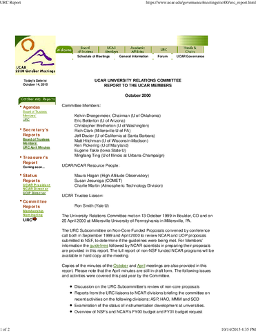 University Relations Committee Report, October 2000