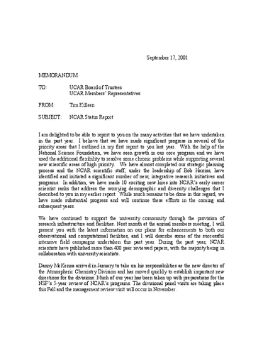 NCAR Director's Report, October 2001