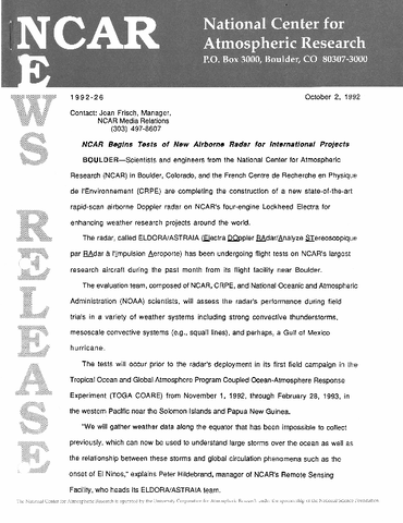 NCAR begins tests of new airborne radar for international projects