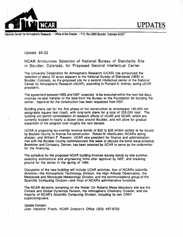 NCAR announces selection of National Bureau of Standards site in Boulder, Colorado, for proposed second intellectual center