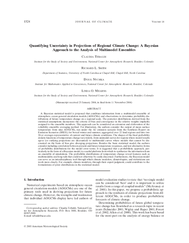 Quantifying uncertainty in projections of regional climate change: A Bayesian approach to the analysis of multimodel ensembles