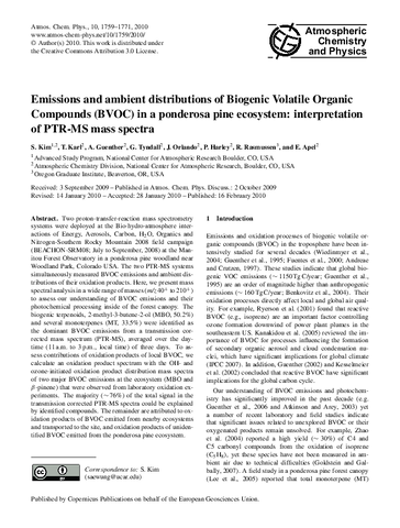 Emissions and ambient distributions of Biogenic Volatile Organic Compounds (BVOC) in a ponderosa pine ecosystem: Interpretation of PTR-MS mass spectra
