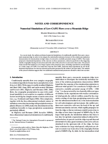 Numerical simulations of low-CAPE flows over a mountain ridge