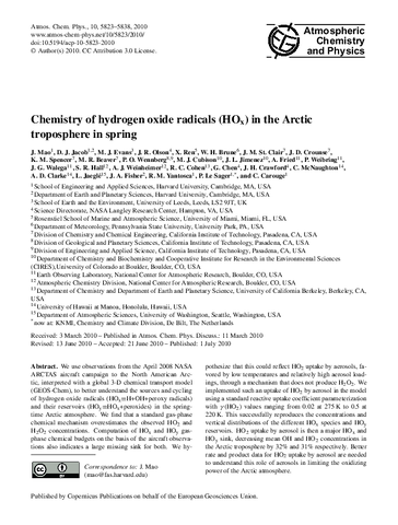 Chemistry of hydrogen oxide radicals (HOx) in the Arctic troposphere in spring
