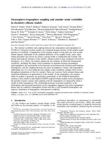 Stratosphere-troposphere coupling and annular mode variability in chemistry-climate models