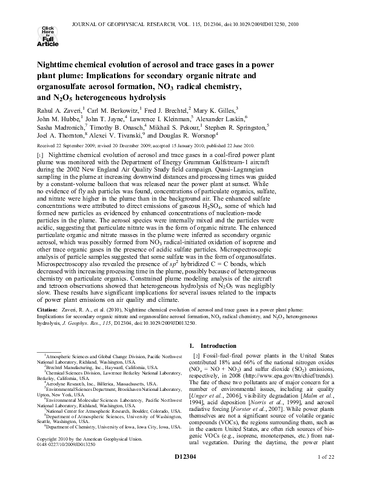 Nighttime chemical evolution of aerosol and trace gases in a power plant plume: Implications for secondary organic nitrate and organosulfate aerosol formation, NO3 radical chemistry, and N2O5 heterogeneous hydrolysis