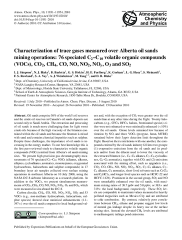 Characterization of trace gases measured over Alberta oil sands mining operations: 76 speciated C₂–C₁₀ volatile organic compounds (VOCs), CO₂, CH₄, CO, NO, NO₂, NOy, O₃ and SO₂