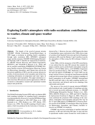 Exploring Earth's atmosphere with radio occultation: Contributions to weather, climate and space weather