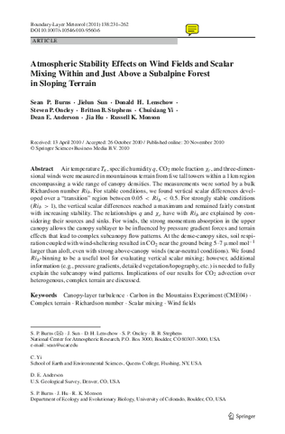 Atmospheric stability effects on wind fields and scalar mixing within and just above a subalpine forest in sloping terrain