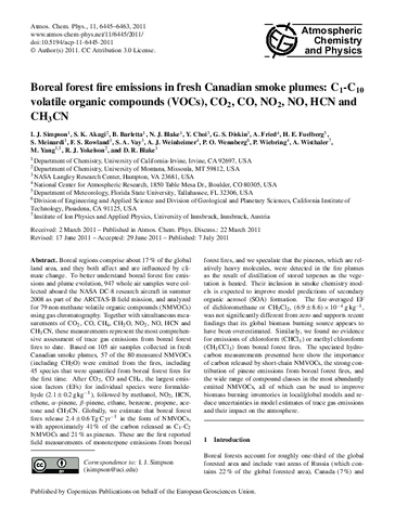 Boreal forest fire emissions in fresh Canadian smoke plumes: C1-C10 volatile organic compounds (VOCs), CO₂, CO, NO₂, NO, HCN and CH₃CN