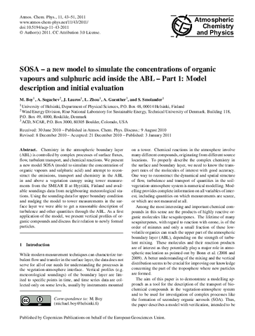 SOSA - a new model to simulate the concentrations of organic vapours and sulphuric acid inside the ABL - Part 1: Model description and initial evaluation