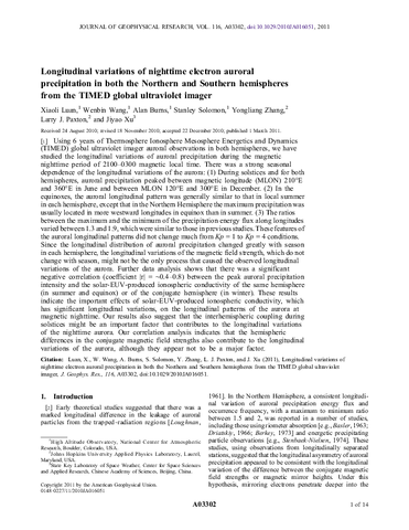 Longitudinal variations of nighttime electron auroral precipitation in both the Northern and Southern hemispheres from the TIMED global ultraviolet imager