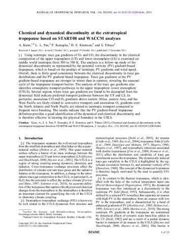 Chemical and dynamical discontinuity at the extratropical tropopause based on START08 and WACCM analyses