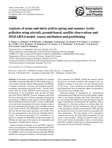 Analysis of ozone and nitric acid in spring and summer Arctic pollution using aircraft, ground-based, satellite observations and MOZART-4 model: Source attribution and partitioning