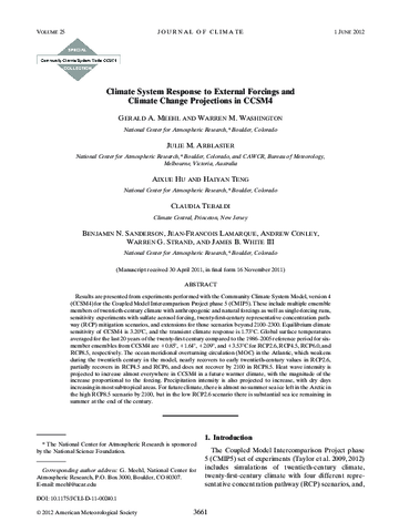 Climate system response to external forcings and climate change projections in CCSM4