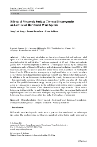 Effects of mesoscale surface thermal heterogeneity on low-level horizontal wind speeds