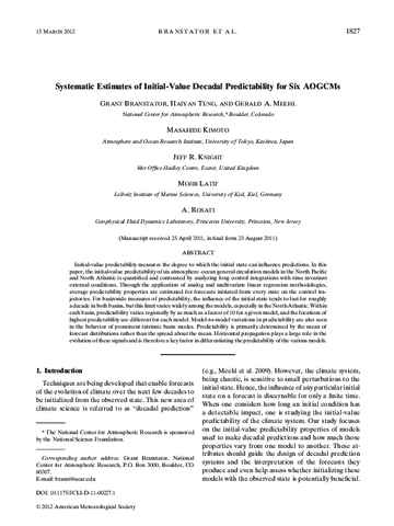 Systematic estimates of initial-value decadal predictability for six AOGCMs