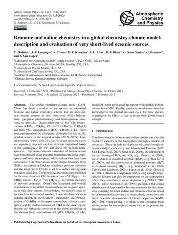 Bromine and iodine chemistry in a global chemistry-climate model: Description and evaluation of very short-lived oceanic sources