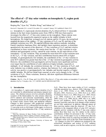 The effect of ∼27 day solar rotation on ionospheric F₂ region peak densities (NmF₂)
