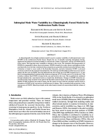 Subtropical mode water variability in a climatologically forced model in the northwestern Pacific Ocean