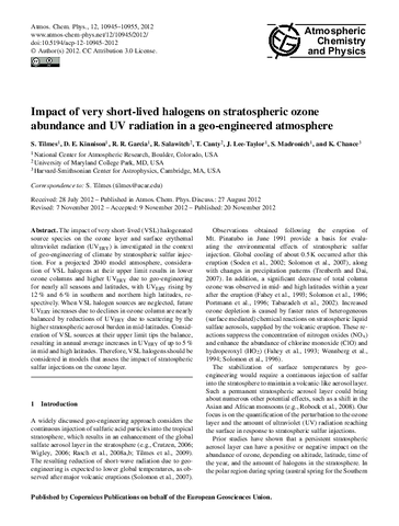 Impact of very short-lived halogens on stratospheric ozone abundance and UV radiation in a geo-engineered atmosphere