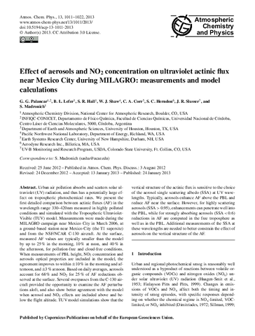 Effect of aerosols and NO₂ concentration on ultraviolet actinic flux near Mexico City during MILAGRO: Measurements and model calculations