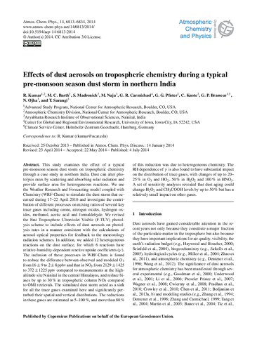 Effects of dust aerosols on tropospheric chemistry during a typical pre-monsoon season dust storm in northern India