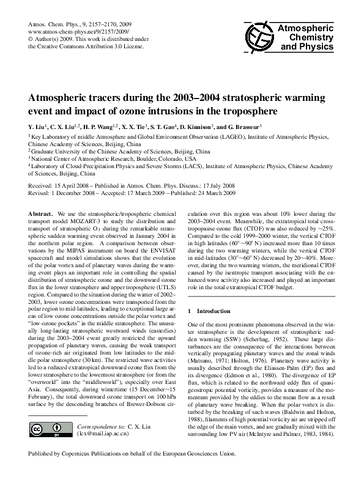 Atmospheric tracers during the 2003-2004 stratospheric warming event and impact of ozone intrusions in the troposphere