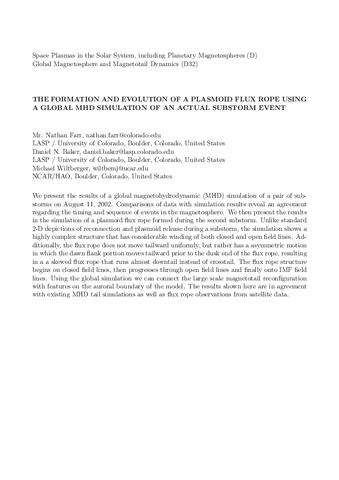 The formation and evolution of a plasmoid flux rope using a global MHD simulation of an actual substorm event [poster]
