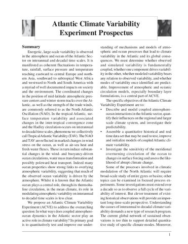 Implementation Plan for Atlantic Climate Variability Experiment: Summary and Recommendations