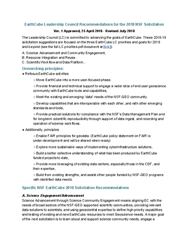 EarthCube Leadership Council Recommendations for the NSF Solicitation, 2018