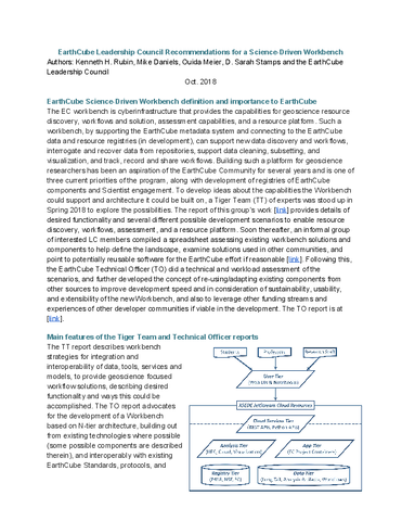 EarthCube Leadership Council Recommendations for a Science-Driven Workbench