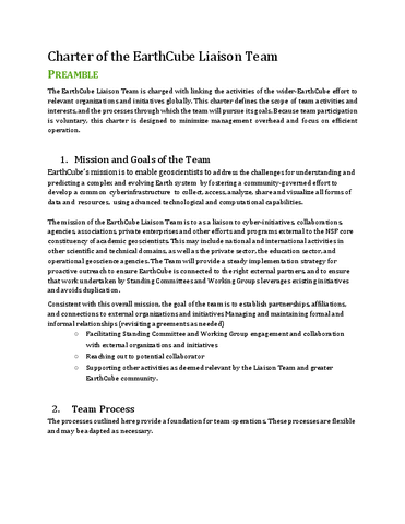 Charter of the EarthCube Liaison Team