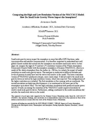 Comparing the High and Low Resolution Version of the WACCM-X Model: How Do Small Scale Gravity Waves Impact the Ionosphere?