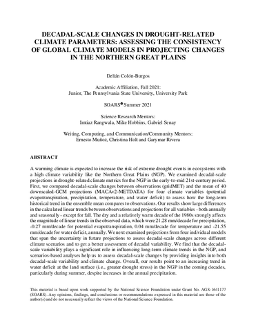 Decadal-Scale Changes in Drought-Related Climate Parameters: Assessing the Consistency of Global Climate Models in Projecting Changes in the Northern Great Plains