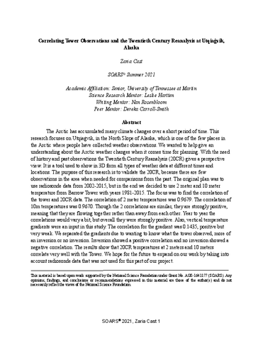 Correlating tower observations and the twentieth century reanalysis at Utqiaġvik, Alaska