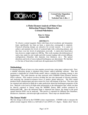 A finite element analysis of Meter-Class refracting primary objectives for coronal polarimetry