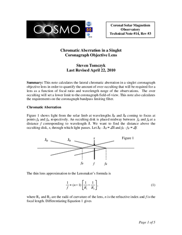 Chromatic aberration in a singlet coronagraph objective lens