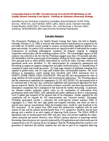 Community input to the NRC Decadal Survey from the NCAR Workshop on Air Quality Remote Sensing From Space: Defining an optimum observing strategy