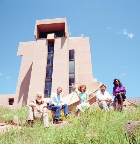 Jim Weber, Don Morris, Marla Meehl, Britt Bassett, and Micah Moore in front of satellite dish at the Mesa Lab
