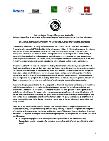 2014 Rising Voices Workshop Report on Changing Relationships with Traditional Plants and Animal Relatives