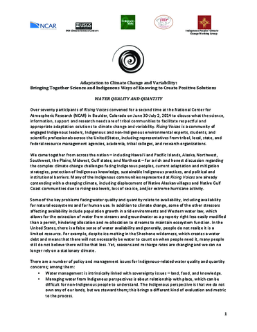 2014 Rising Voices Workshop Report on Water Quality and Quantity